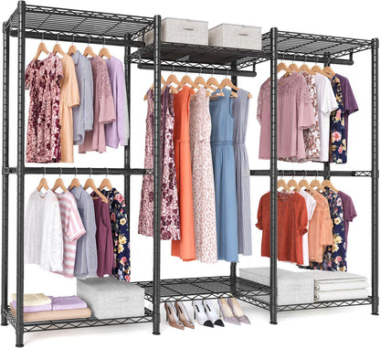SONGMICS Heavy-Duty Clothes Rack, Garment Rack, Portable Closet, 68.7-Inch Wide Clothing Rack with Adjustable Mesh Shelves and Hanging Rails, Ink Black ULGR433B01