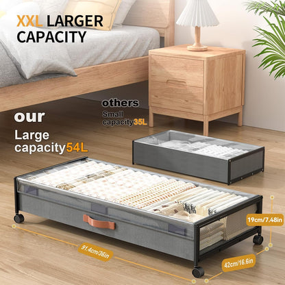 Under Bed Storage Containers with Wheels Large Underbed Shoes Blankets Clothes Toy Storage Drawers for College Dorms Bedrooms Nursery Rooms Organization (Black 2 Pack, 7.5in height(36"x16.6"x7.48"))