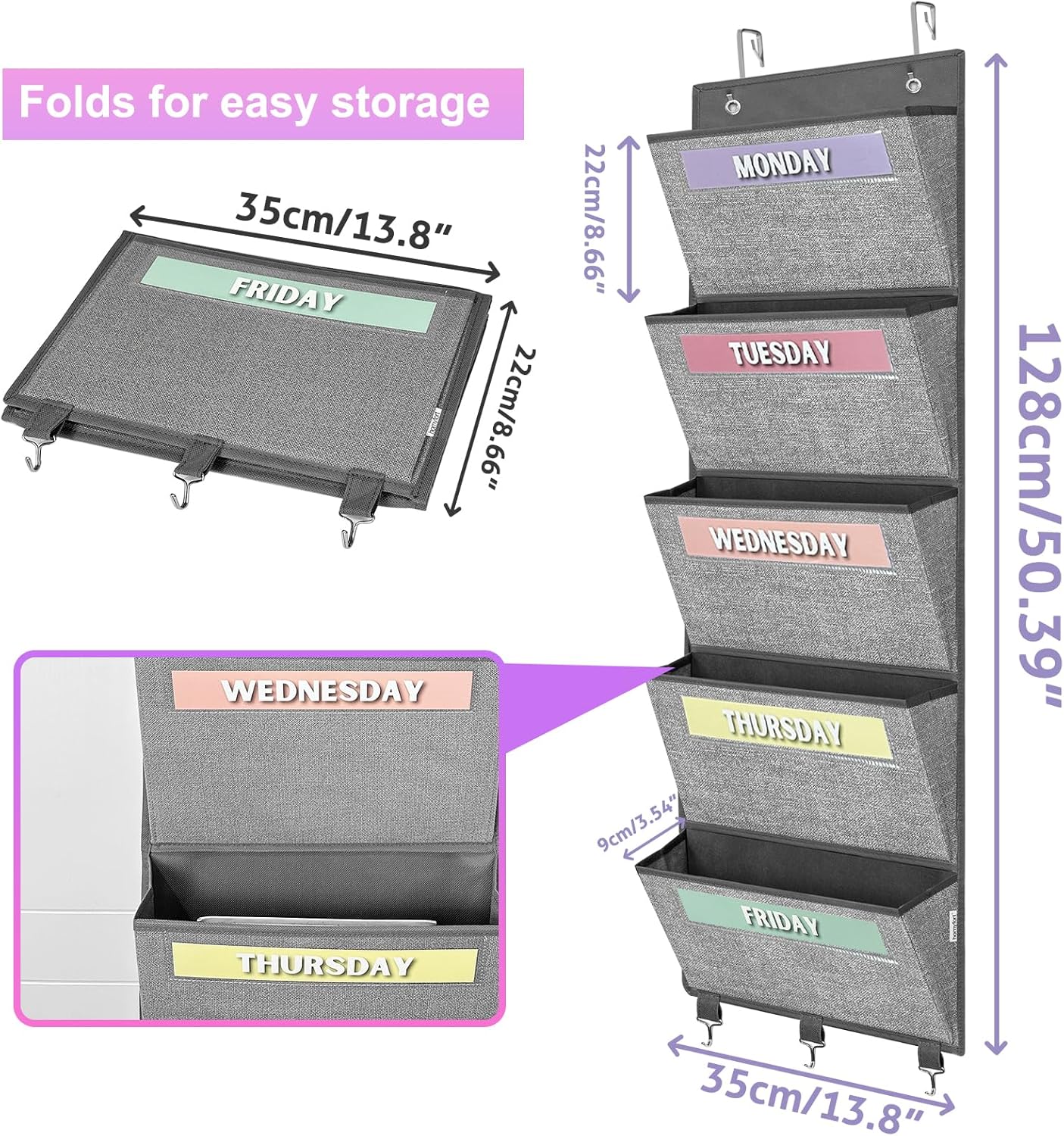homyfort Over the Door File Organizer, Wall Hanging File Folders with 5 Large Pocket for Mails, Magazines, Back to School Supplies,Office Chart Storage, Paper Organization (Grey)