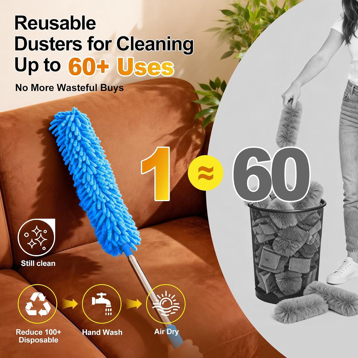 Tiumso Dusters for Cleaning,Microfiber Feather Duster 5-in-1 Kit, Duster with Extension Pole 100 Inches, Cobweb Duster, Microfiber Dusters for High Ceilings and Fans, Blinds and Cars
