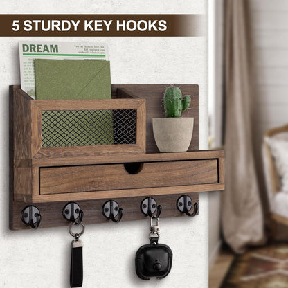 Key Holder Wall Mount, Key Holder for Wall with 5 Key Hooks and Storage Drawer Mail Organizer for Entryway Living Room Farmhouse Home Decor
