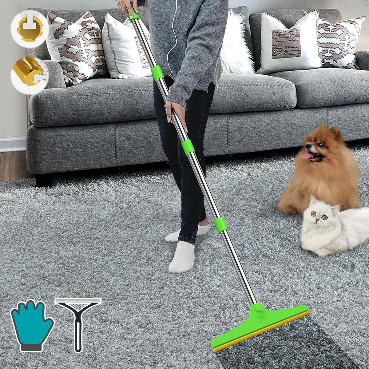 B-Land Carpet Rake for Pet Hair Removal, Reusable Pet Hair Remover with 60” Adjustable Long Handle, Carpet Scraper Broom Dog Cat Hair Remover Tool Fur Sweeper for Rugs, Mats