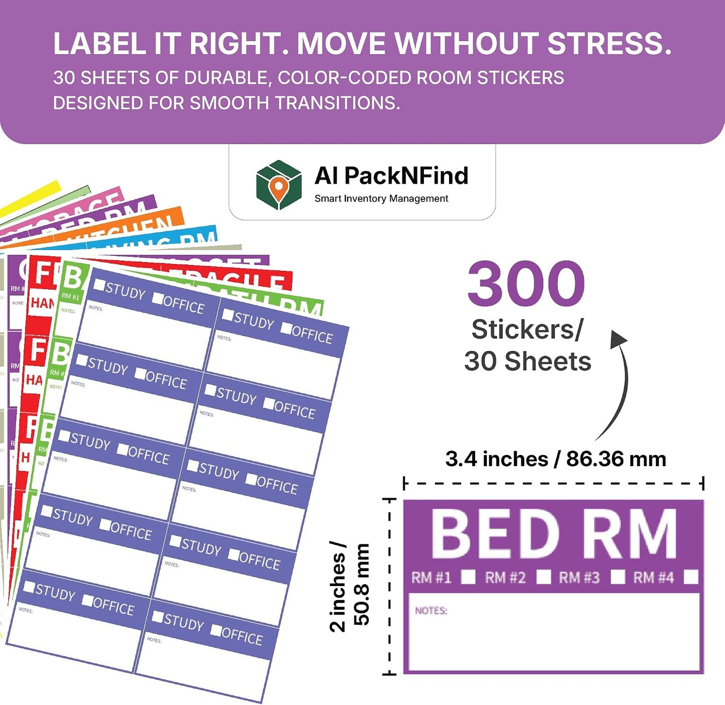 AIPackNFind 300 Count 3.4x2 Moving Labels for 1-4 Bedroom – Color Coded Stickers for Packing Boxes – 11 Room Designs – Waterproof & Tear Resistant – Removable Adhesive – Blank Labels for Custom Notes