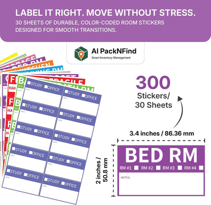 AIPackNFind 300 Count 3.4x2 Moving Labels for 1-4 Bedroom – Color Coded Stickers for Packing Boxes – 11 Room Designs – Waterproof & Tear Resistant – Removable Adhesive – Blank Labels for Custom Notes