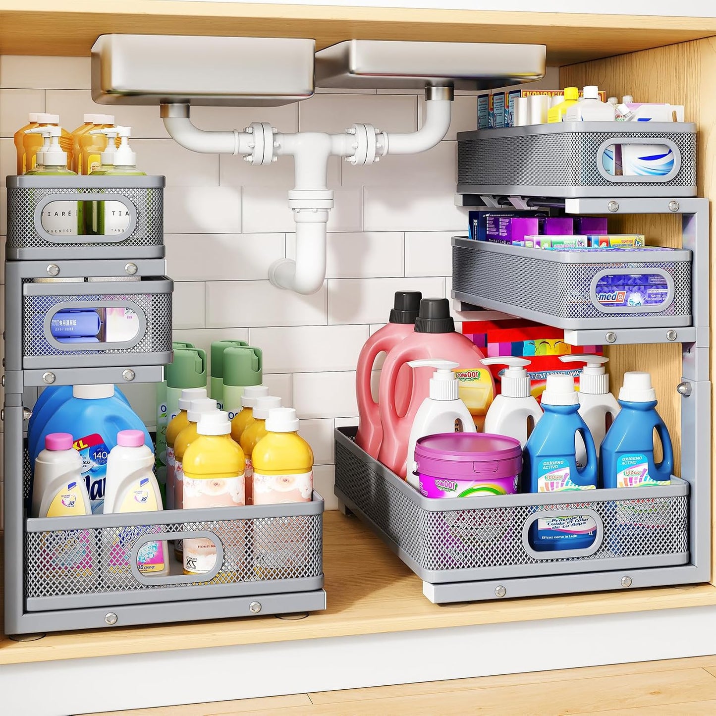 Under Sink Organizer, 2-Pack 3-Tier Thickened Metal Pull out Cabinet Organizer Shelf, Height Adjustable Slide out Storage Drawer Rack for Kitchen Bathroom Pantry Laundry Home Office Organization