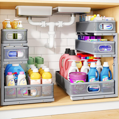 Under Sink Organizer, 2-Pack 3-Tier Thickened Metal Pull out Cabinet Organizer Shelf, Height Adjustable Slide out Storage Drawer Rack for Kitchen Bathroom Pantry Laundry Home Office Organization