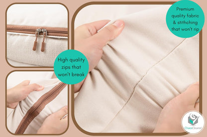Chaos Cleared Canvas Storage Bags Designer Organizer for Comforters 2 Pack – Seasonal Storage for Pillows, Blankets, Linens & Garments – Foldable Design with Zip & Window, Moth-Proof Space Saver