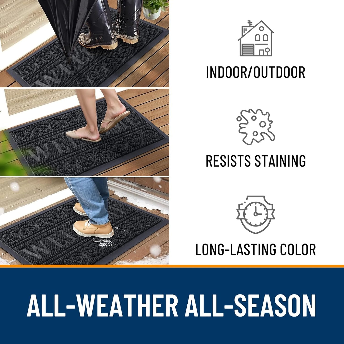 OLANLY Front Door Mat Outside Entrance 29.5x17, Absorbent, Heavy Duty Sturdy Natural Rubber Doormat Indoor Outdoor, Stain and Fade Resistant, Non-Slip Backing Low Profile Floor Mat for Entryway, Grey