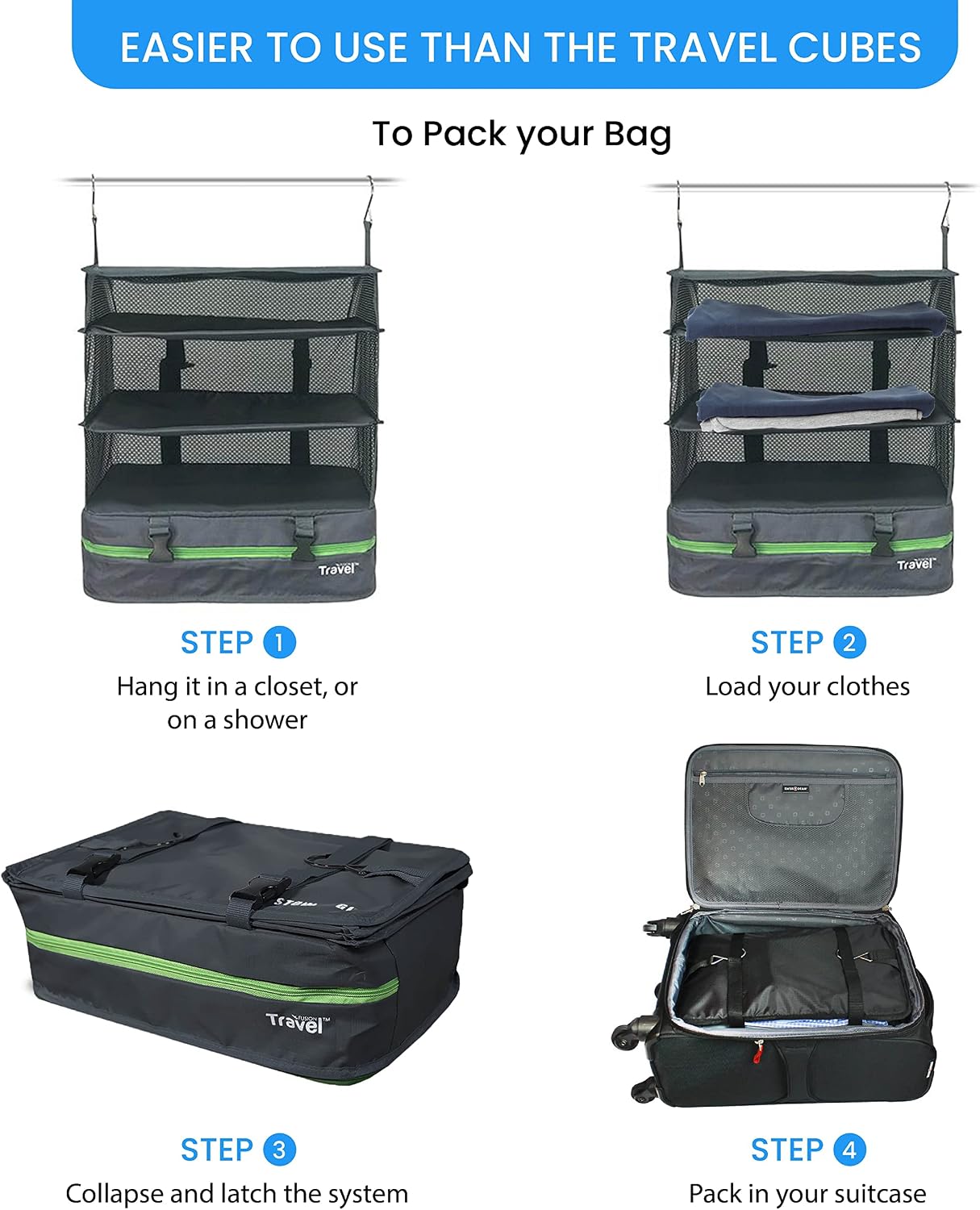 Grand Fusion Stow-N-Go Hanging Travel Shelves, Packing Organizer for Luggage. Carry on Closet for Suitcase. Expandable Packing Cube. Travel Essentials. (Black - L, L = (L) 11.8" x (W) 11.8")