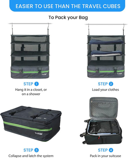 Grand Fusion Stow-N-Go Hanging Travel Shelves, Packing Organizer for Luggage. Carry on Closet for Suitcase. Expandable Packing Cube. Travel Essentials. (Black - L, L = (L) 11.8" x (W) 11.8")
