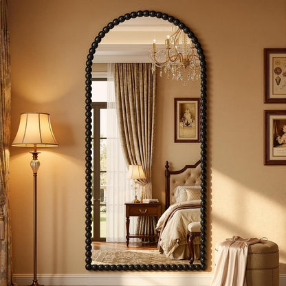 Antok 58" x 21" Arched Full Length Mirror, Antique Beaded Frame Floor Standing or Wall Mounted Mirror with Stand for Bedroom, Entryway, Brown, Luxury Style