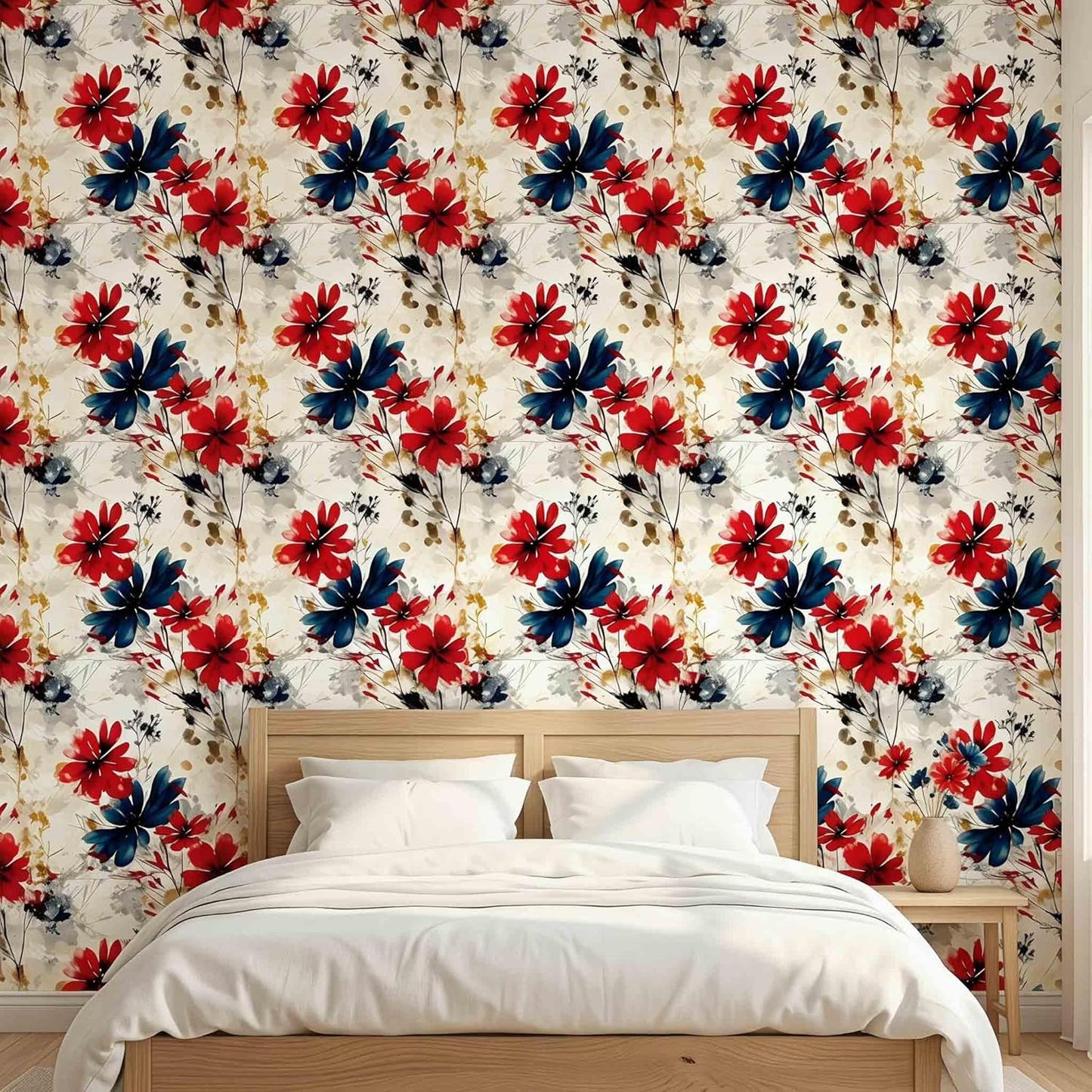 Red Watercolor Floral Peel and Stick Wallpaper Removable Self Adhesive Floral Wall Covering for Living Room Bedroom Accent Wall 17.7 x 70.8 in