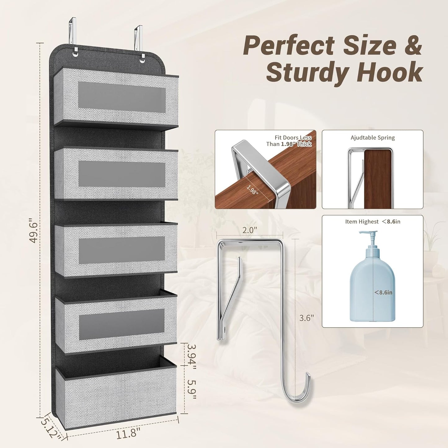 Narrow Over The Door Organizer, 5 Large Pockets Fabric Storage, 12" Wide | With Metal Hooks, Clear Window for quick view, 11.8" Slim design, Back of Door Hanging for Clothes Pantry Dorm Bedroom
