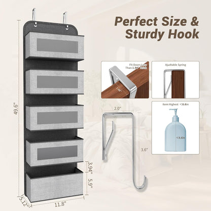 Narrow Over The Door Organizer, 5 Large Pockets Fabric Storage, 12" Wide | With Metal Hooks, Clear Window for quick view, 11.8" Slim design, Back of Door Hanging for Clothes Pantry Dorm Bedroom