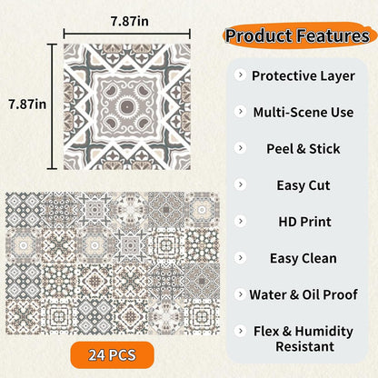 PVC Peel and Stick Tile Stickers 24Pcs Waterproof Removable Backsplash Wall Decals Self-Adhesive Subway Stickers for Kitchen Bathroom RV Instant DIY Upgrade Sticker (Style D, 3.94 x 3.94 Inch)