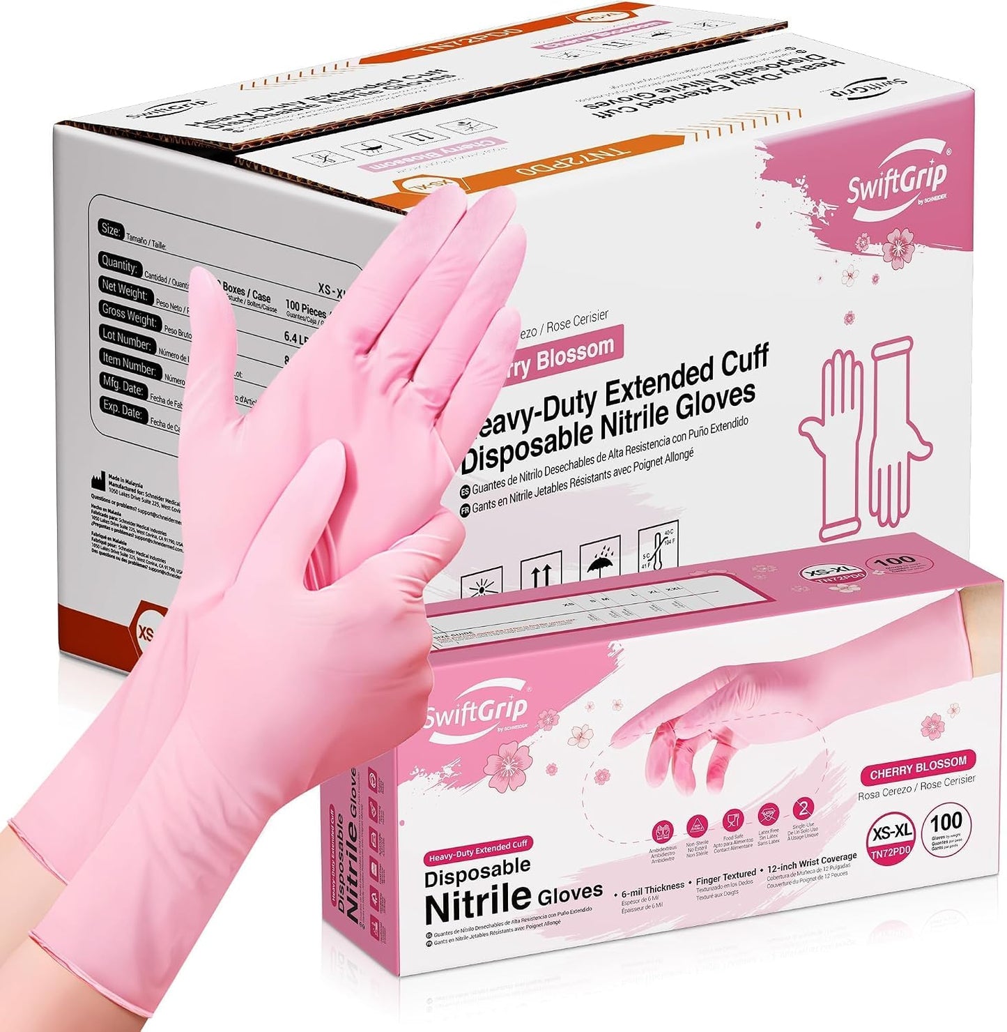 SwiftGrip Disposable Nitrile Dishwashing Gloves, Extended 12 Inches Cuff, 6-mil, Cherry Blossom Cleaning Gloves, Latex-Free