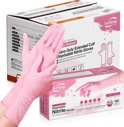 SwiftGrip Disposable Nitrile Dishwashing Gloves, Extended 12 Inches Cuff, 6-mil, Cherry Blossom Cleaning Gloves, Latex-Free