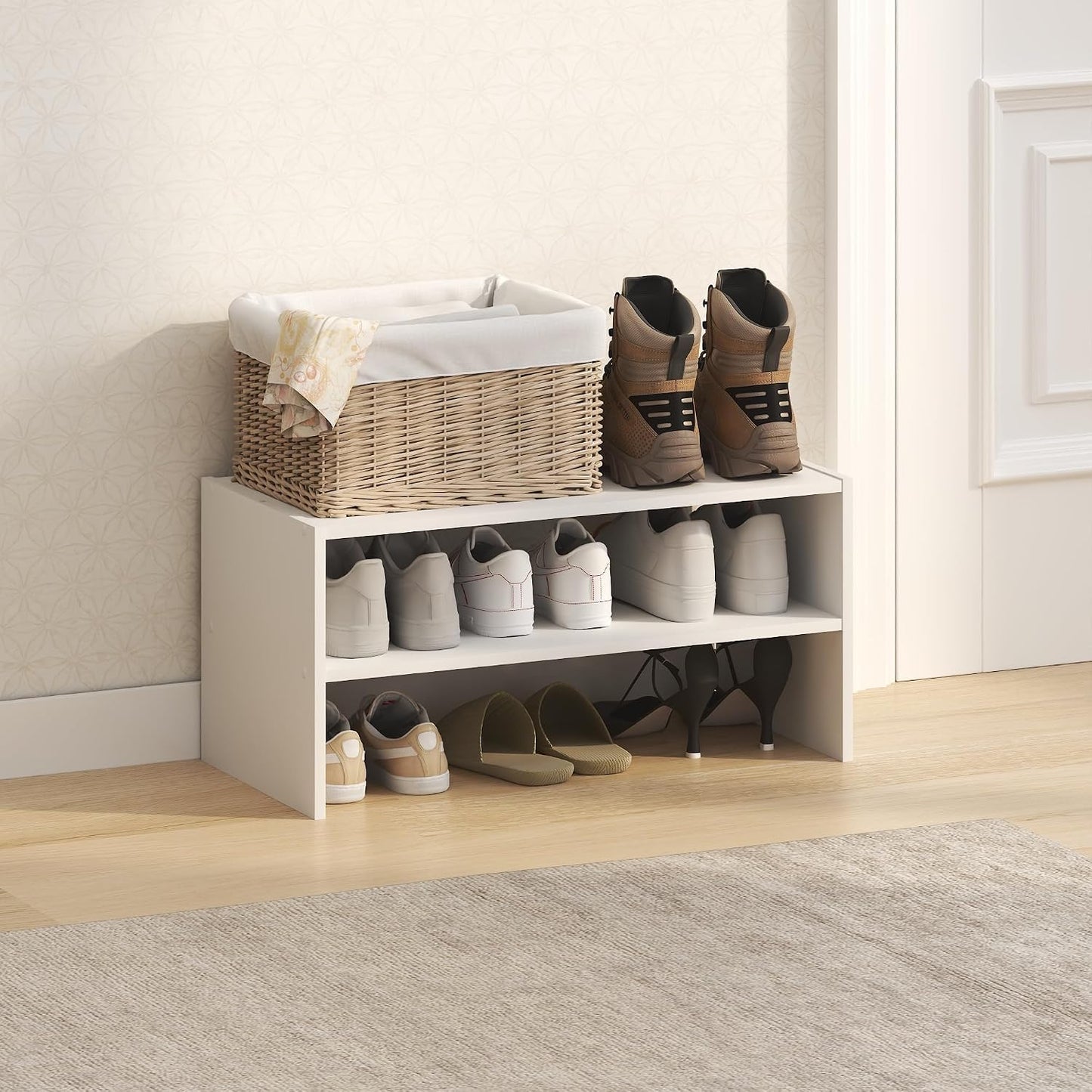 Furinno FANO Shoe Rack, 24-Inch Width 2-Tier Shoe Organizer, Stackable Shoes Storage, 11.7 x 24.2 x 11.7, for Closet Entryway, Office, Garage, Amber Pine