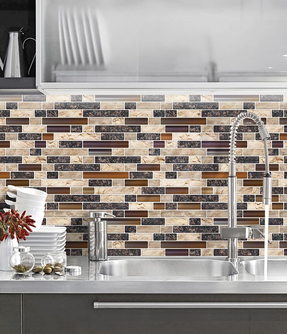STICKGOO Thicker Design Peel and Stick, Self Adhesive Stick On Tile Backsplash for Kitchen and Bathroom, Beige & White, 12”×12”, 10 Sheets
