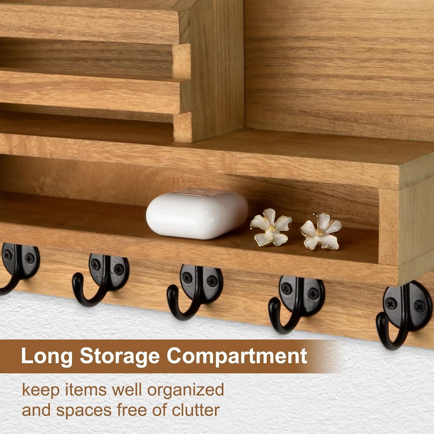 Key and Mail Holder Wall Mount, Key Hanger with Long Storage Box and 5 Hooks for Coat, Dog Leash, Home Decor Rack, House Accessories, Entry Way Organizer 11.8”W x 7.8”H x 3.2”D