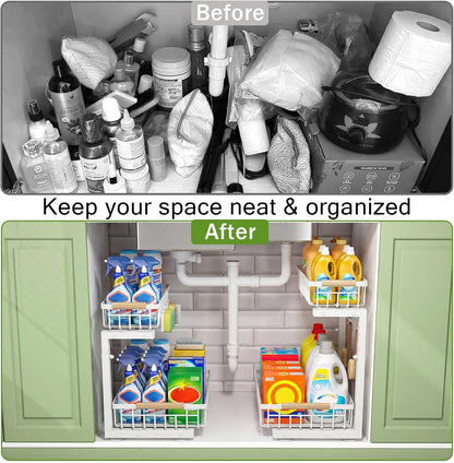 Under Sink Organizer, Pull Out Kitchen Storage Cabinet Organizer, 2-Tier Metal Slide Out Shelf for Bathroom Laundry Kitchen Storage with Drawers, 11.8"W x 15.9"D x 13.8-16.9"H, White, 2 Pack