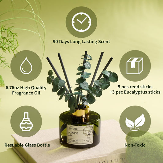 Airkeep Reed Diffuser Set with 6.76 fl oz Forest Mist Scent Essential Oils and 3 Leaves & 8 Diffuser Sticks,Bathroom Shelf Decor & Air Freshener, House Bedroom Office Decor & Gifts