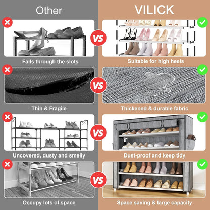 VILICK Shoe Rack with Cover Narrow Shoe Organizer with 4 Side Pockets 10 Tier Tall Shoe Storage Holds 18-22 Pairs Shoes and Boots Shoe Rack for Closet Entryway Garage