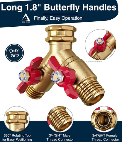DBR Tech® Garden Hose Splitter 2 Way | Full Flow & Heavy Duty Leak-Proof Brass Water Divider with Dual Shut-Off Valves, Y (Wye) Connector for Outdoor Faucets, Spigots, Lawn & RV | Industrial-Grade