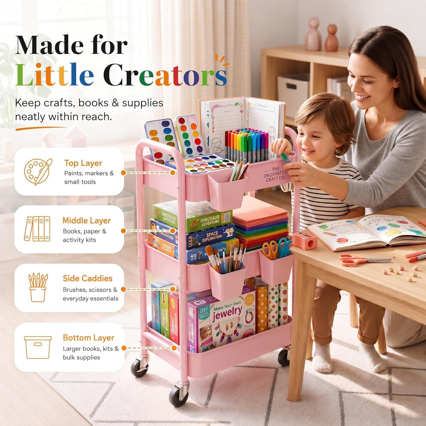 2 Tier Small Rolling Cart Metal with Wheels, White Under Desk Storage Cart on Wheels, Short Utility Roller Caddy Carts Organizer for Art,Craft,Pantry,Bathroom, Two Tiered Shelf Trolley,22 Inches Tall