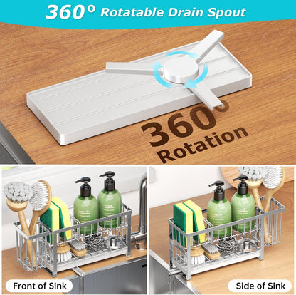 Liuoud Sponge Holder for Kitchen Sink, 2 Tier Sink Caddy Organizer Countertop with Dish Brush Holder and 360° Drain Tray, Rustproof Stainless Steel Dish Soap Storage Rack Set for Accessories Grey