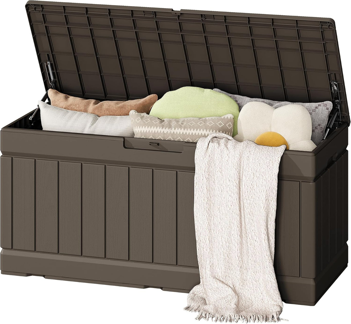 Flamaker Outdoor Storage Box 80 Gallon Resin Waterproof Deck Box Delivery Box with Wood Texture Large Storage Bin for Patio Cushions, (Grey)