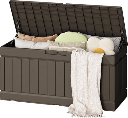 Flamaker Outdoor Storage Box 80 Gallon Resin Waterproof Deck Box Delivery Box with Wood Texture Large Storage Bin for Patio Cushions, (Grey)