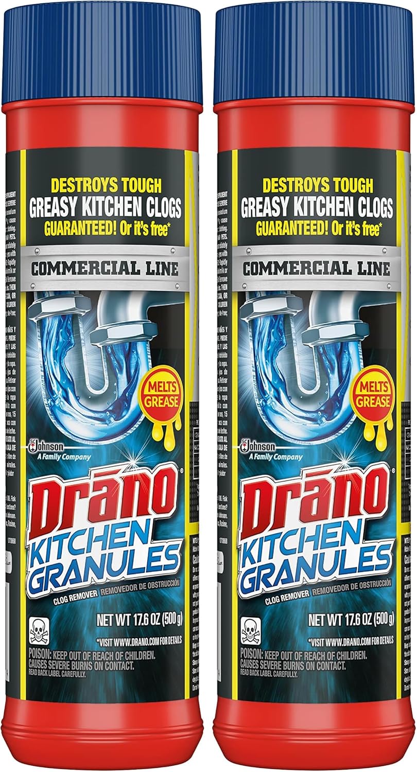 Drano Kitchen Granules Drain Clog Remover and Cleaner, Unclogs Blockage from Grease or Cooking Oil, Commercial Line, 17.6 Oz