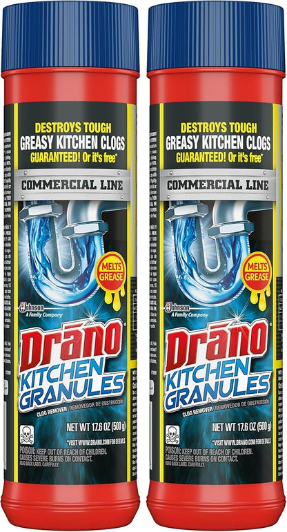Drano Kitchen Granules Drain Clog Remover and Cleaner, Unclogs Blockage from Grease or Cooking Oil, Commercial Line, 17.6 Oz