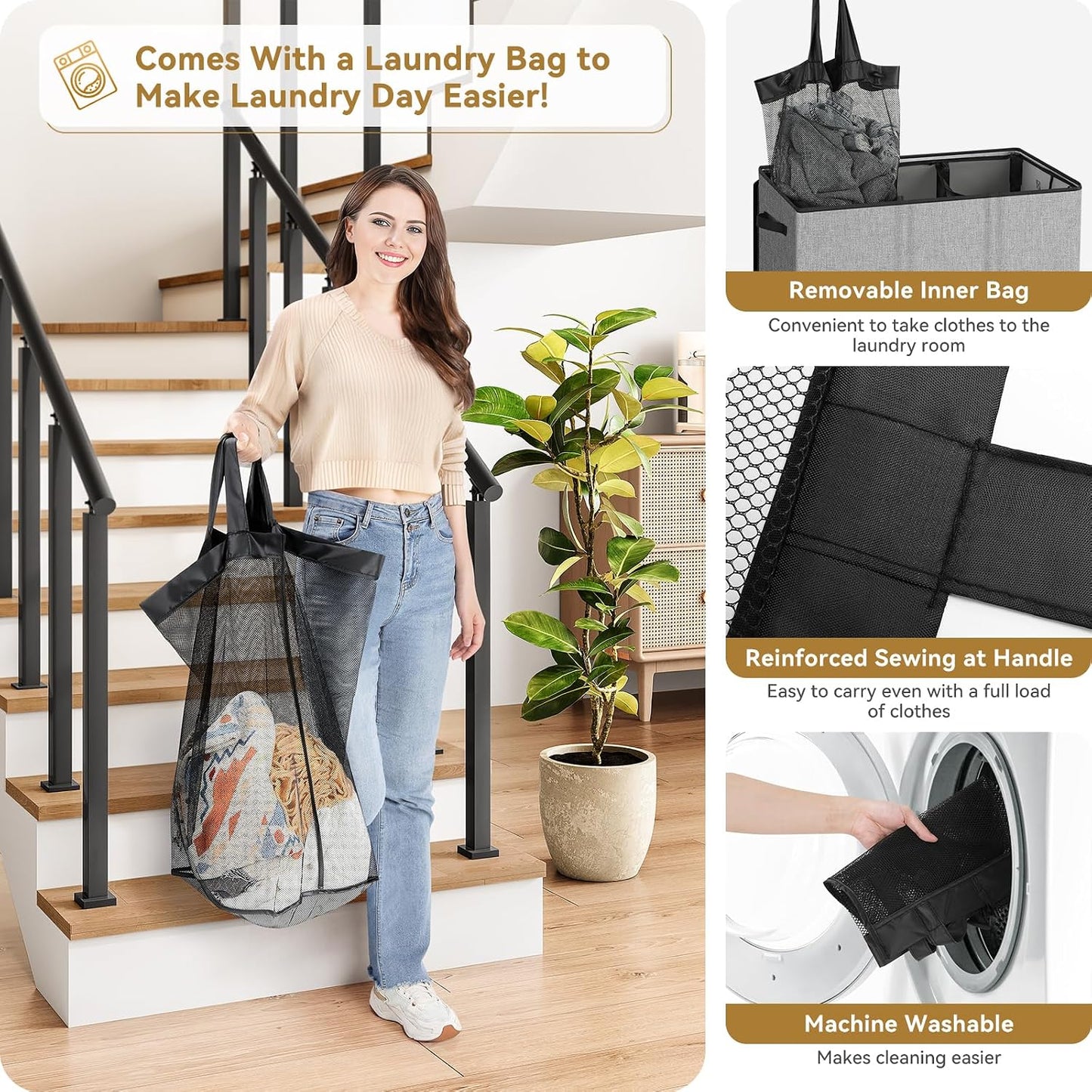 SOLEDI 180L Laundry Hamper 3 Section, Extra Large Laundry Hamper with Lid, Dirty Clothes Hamper with Sturdy Handle, Large Laundry Basket Organizer for Laundry Room, Bedroom, Hampers for Laundry