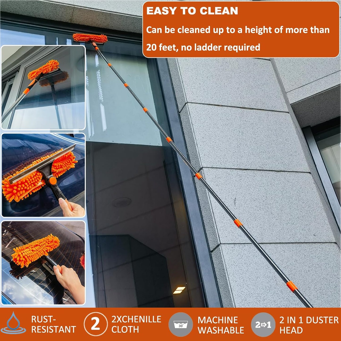 20+ Feet High Reach Duster Kit with 3-14 ft Extension Pole // High Ceiling Dusting and Window Cleaning Kit with Spliceable Pole - Window Washer & Squeegee, Cobweb Duster, Fan Blade and Feather Dusters