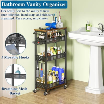 OKZEST Slim Laundry Room Organization Cart with Detergent Dispenser Holder | 4-Tier narrow rolling cart for small space, Holds tall bottles, Upgraded metal hub casters, Premium wood & metal mesh shelves