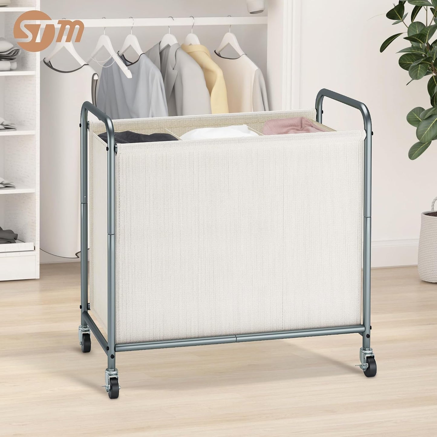 STORAGE MANIAC Rolling Laundry Hamper, 165L Laundry Basket with Lockable Wheels, Triple Clothes Sorter Cart, 3 Bag Clothes Separator Hamper for Closet, Bathroom, Laundrys Room, 3 Section Beige