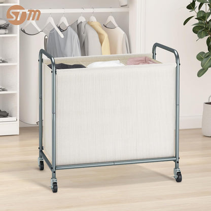 STORAGE MANIAC Rolling Laundry Hamper, 165L Laundry Basket with Lockable Wheels, Triple Clothes Sorter Cart, 3 Bag Clothes Separator Hamper for Closet, Bathroom, Laundrys Room, 3 Section Beige