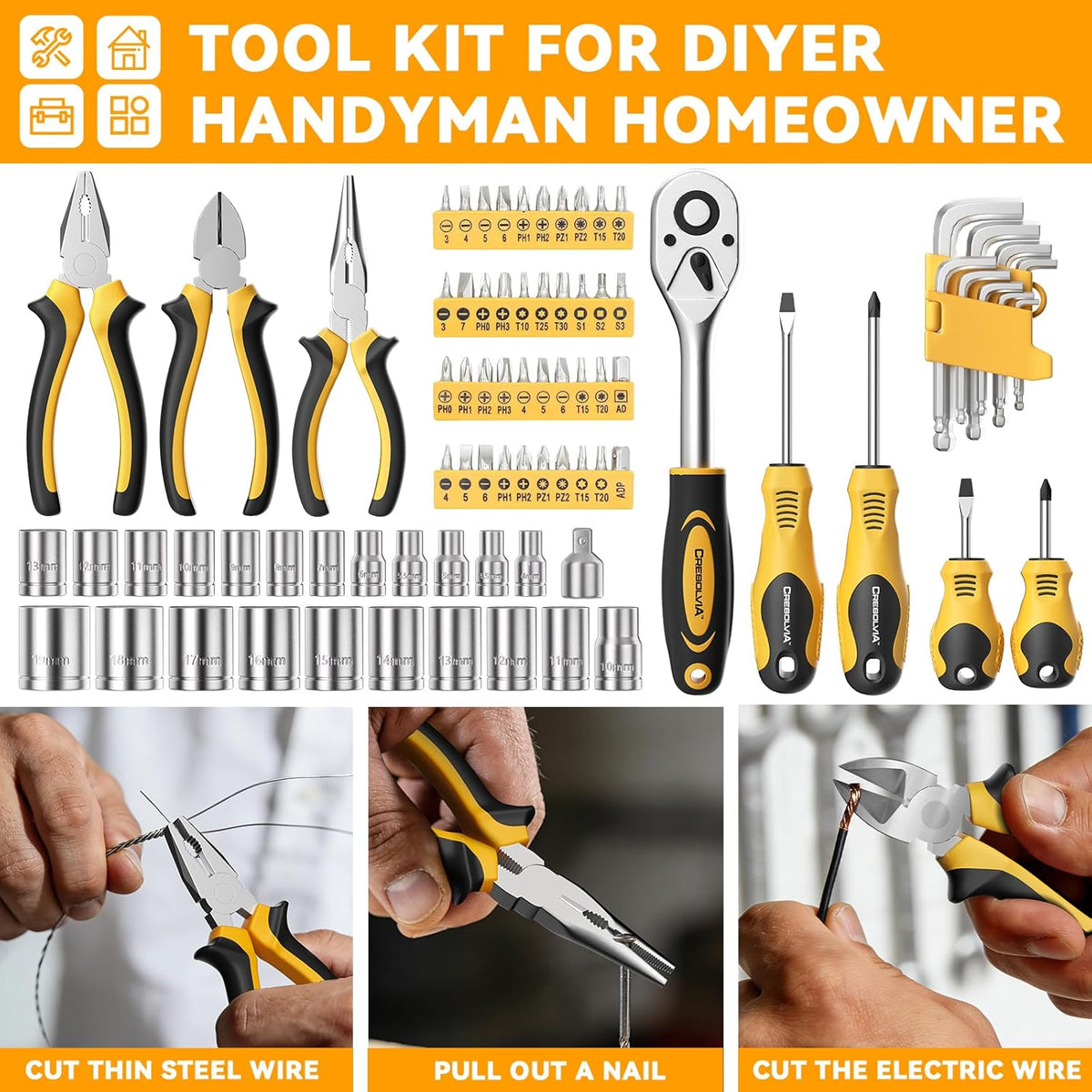 199 Piece Tool Kit for Home,General Household/Auto Repair Tool Set,Basic Hand Tool Kit with Socket Wrench,Tool Box Case for Men,Perfect for Diyer Handyman Homeowner