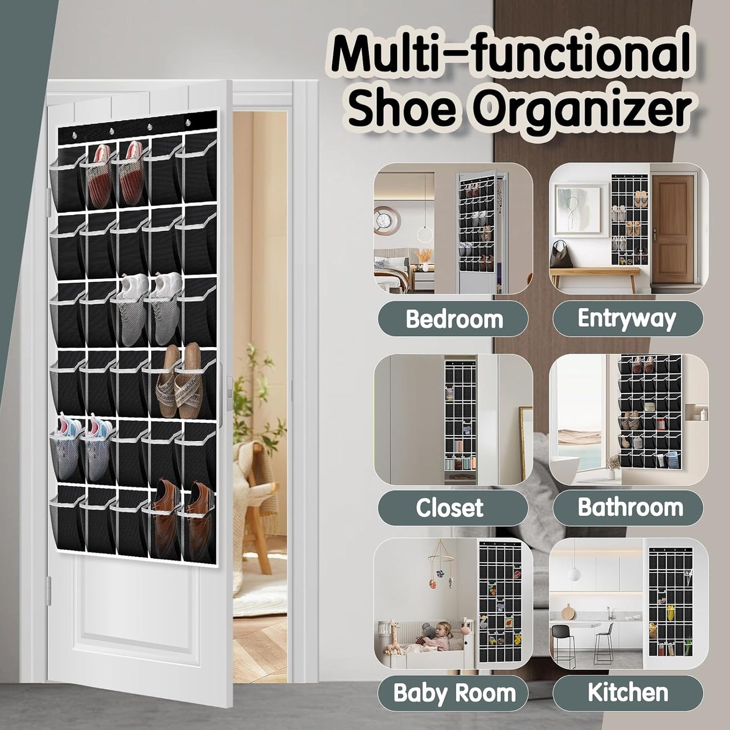 Kotkn Over the Door Shoe Organizer with 30 Breathable Mesh Pockets - Large Capacity Closet Storage for Men & Women, Hanging Shoe Rack Organizer (Gray)