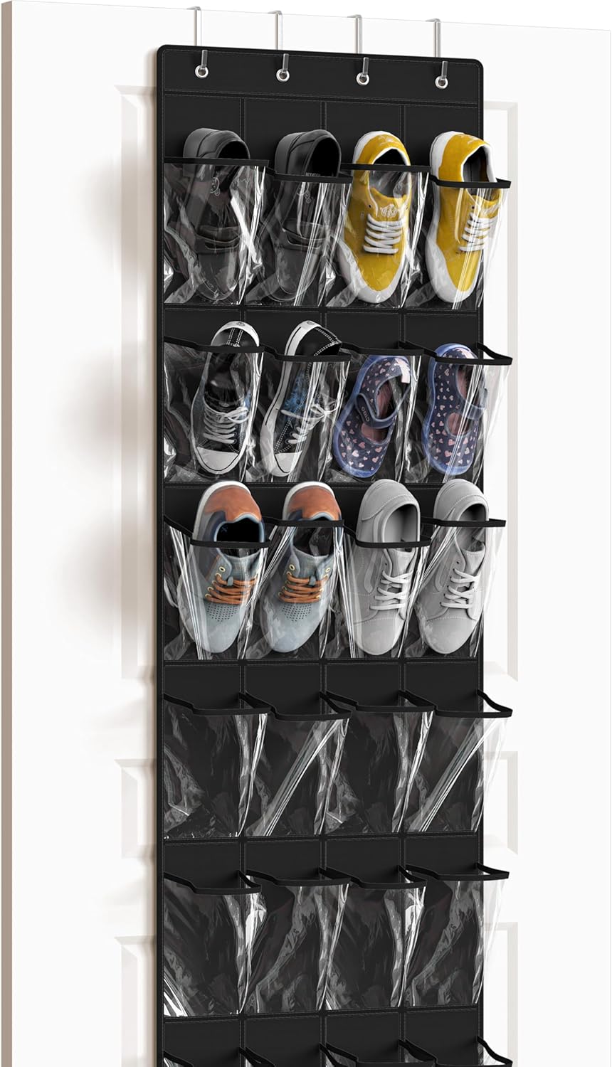 Simple Houseware 24 Pockets - Crystal Clear Over The Door Hanging Shoe Organizer, Gray (64'' x 19'')
