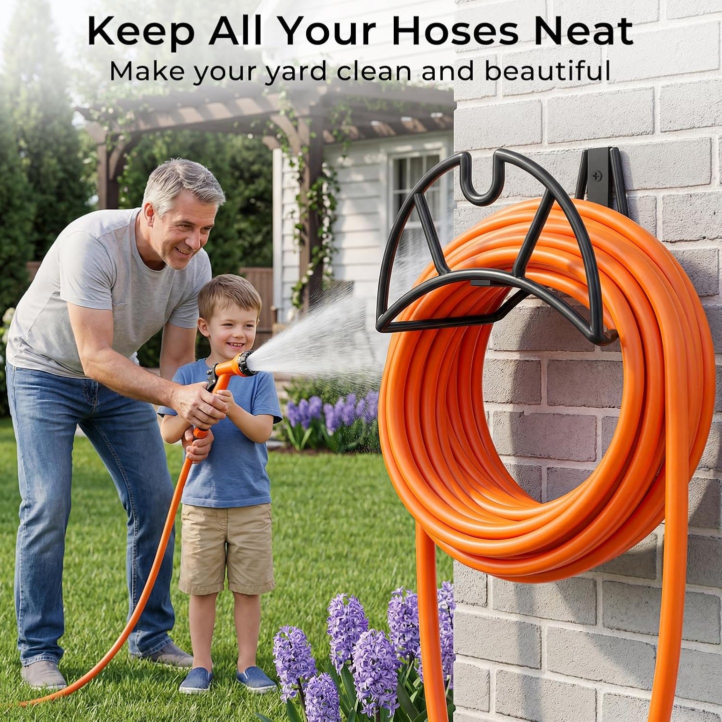 TomCare Garden Hose Holder Wall Mount Metal Water Hose Holder Holds 150Ft Hoses Heavy Duty Hose Hanger Sturdy Hoses Storage Organizer for Outside Yard Garden, Black