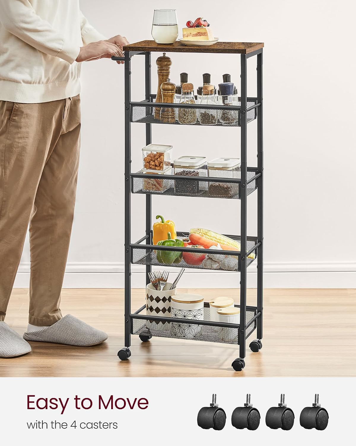 VASAGLE Slim Rolling Cart, 4-Tier Narrow Storage Cart with Handle, 5.1 Inches Deep, Metal Frame, for Kitchen, Dining Room, Living Room, Home Office, Rustic Brown and Classic Black ULRC032B01V1