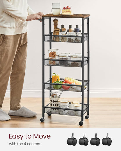VASAGLE Slim Rolling Cart, 4-Tier Narrow Storage Cart with Handle, 5.1 Inches Deep, Metal Frame, for Kitchen, Dining Room, Living Room, Home Office, Rustic Brown and Classic Black ULRC032B01V1