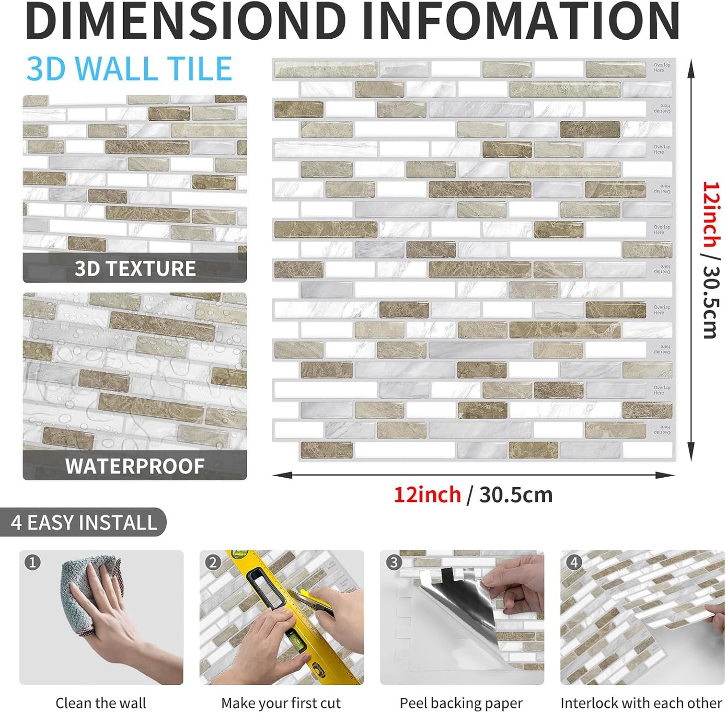 URCOLOR 10-Sheet Peel and Stick Backsplash Tile for Kitchen - 12”×12” Stick on Wall Tile for Bathroom, Black White Grey