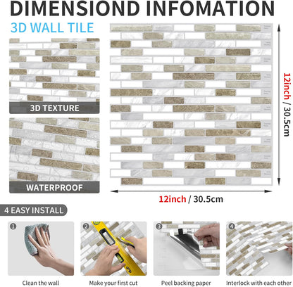 URCOLOR 10-Sheet Peel and Stick Backsplash Tile for Kitchen - 12”×12” Stick on Wall Tile for Bathroom, Black White Grey
