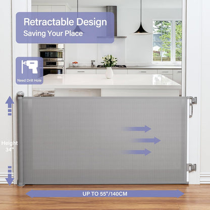 PRObebi Retractable Dog Gate for the House Extends to 54" Wide 34" Tall, Gates for Baby Indoor, Stair Gate for Outdoor, Staris, Hallways, Doorways, Deck, Porch, Need Drilling