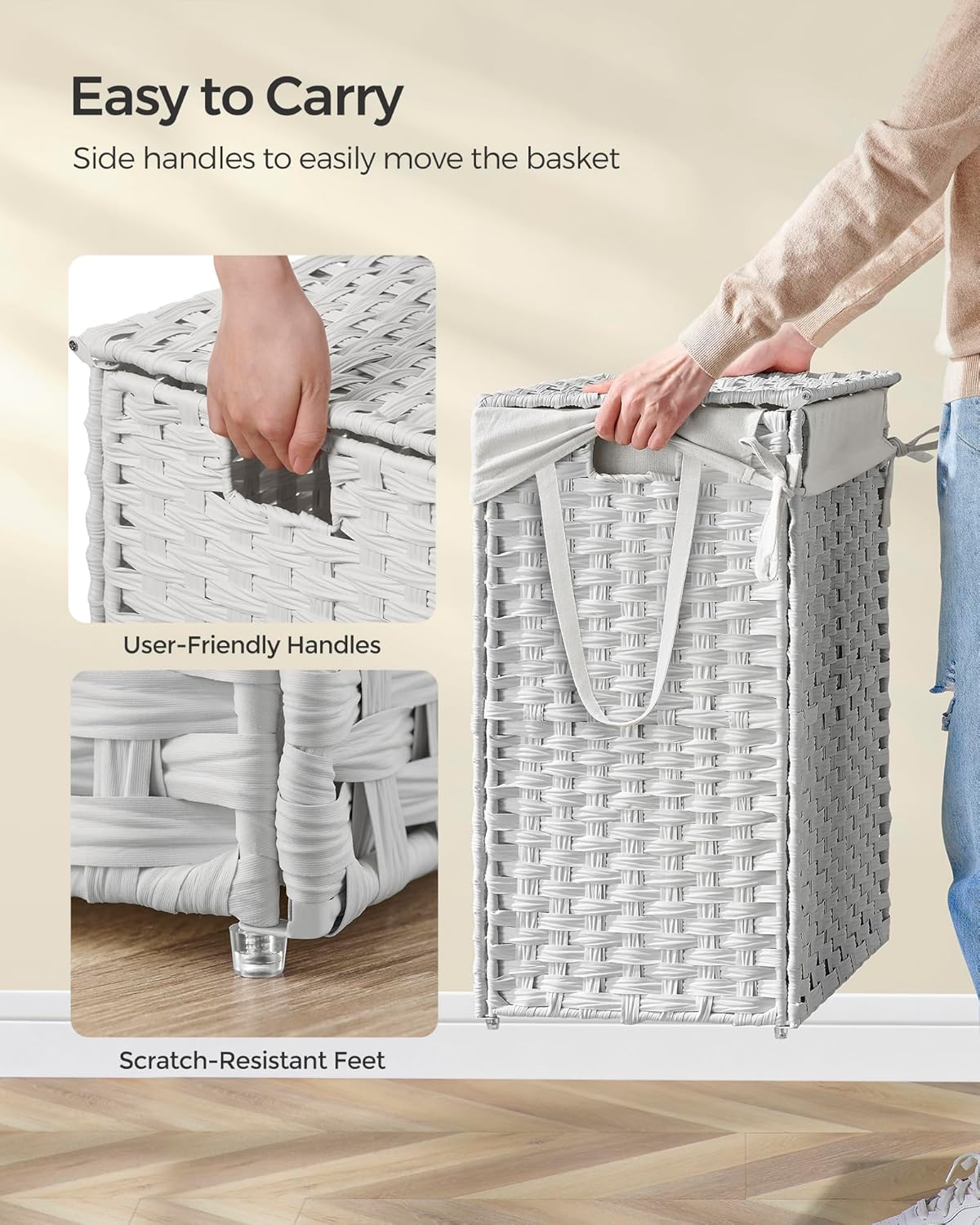 SONGMICS Laundry Hamper with Lid, 23.8 Gallon (90 L) Synthetic Rattan Clothes Laundry Basket with Lid and Handles, Foldable, Removable Liner, Chestnut Brown ULCB051K02