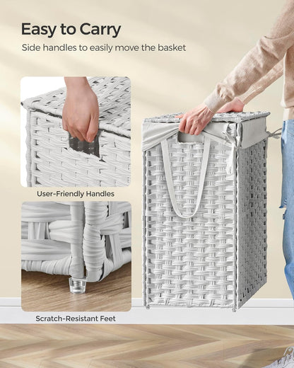 SONGMICS Laundry Hamper with Lid, 23.8 Gallon (90 L) Synthetic Rattan Clothes Laundry Basket with Lid and Handles, Foldable, Removable Liner, Chestnut Brown ULCB051K02